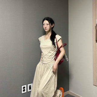 Shirred Plain Sleeveless A-Line Daily Two-Piece