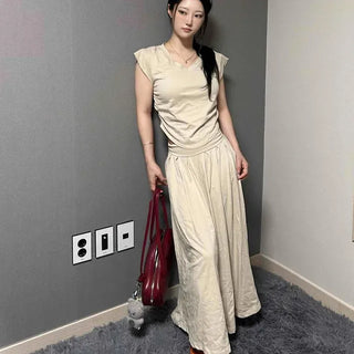 Shirred Plain Sleeveless A-Line Daily Two-Piece