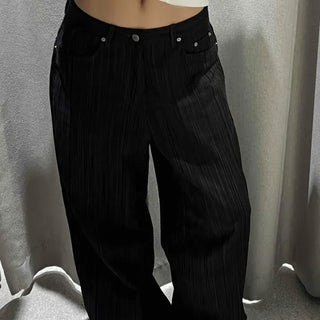 Loose-fit Striped Button Wide Daily Long Pants
