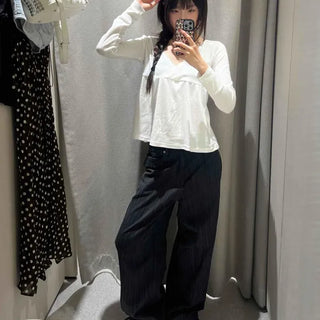 Loose-fit Striped Button Wide Daily Long Pants