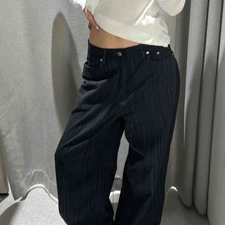 Loose-fit Striped Button Wide Daily Long Pants