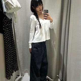 Loose-fit Striped Button Wide Daily Long Pants