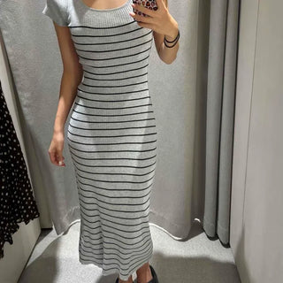 Slim Fit Striped H-Line Short Sleeve Daily Long Dress