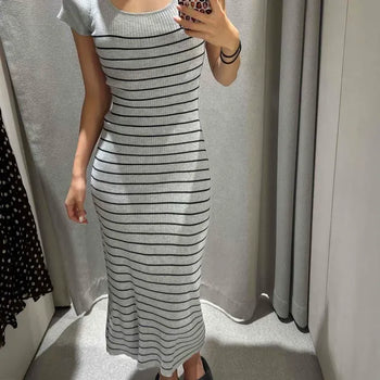 Slim Fit Striped H-Line Short Sleeve Daily Long Dress