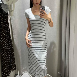 Slim Fit Striped H-Line Short Sleeve Daily Long Dress