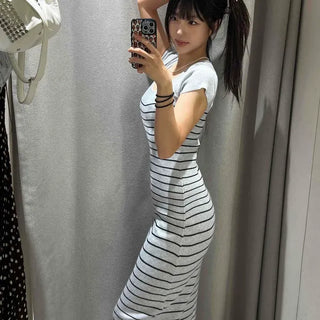 Slim Fit Striped H-Line Short Sleeve Daily Long Dress