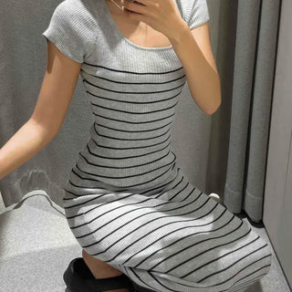 Slim Fit Striped H-Line Short Sleeve Daily Long Dress