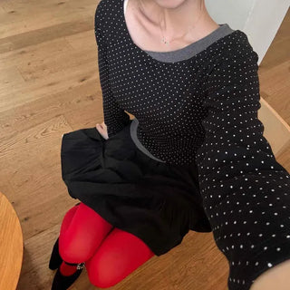 Slim Fit Dot Shirred Layered Daily Long Sleeve T-shirt