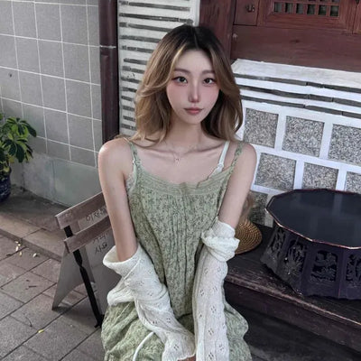 Loose-fit Flower Shirred Strap Sleeveless A-line Mini Dress