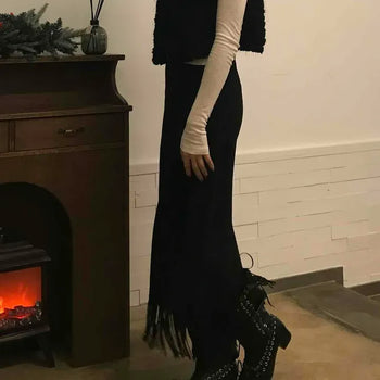 Fringe Slit Knit Maxi Skirt