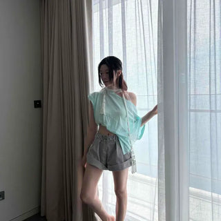 Loose Fit Pintuck Zipper Strap Wide Daily Shorts