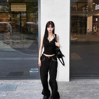 Loose-fit Button Studded Wide Straight Long Pants