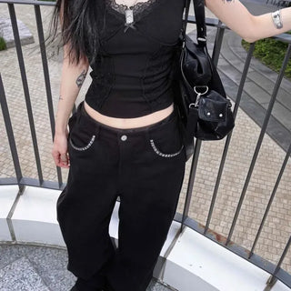 Loose-fit Button Studded Wide Straight Long Pants