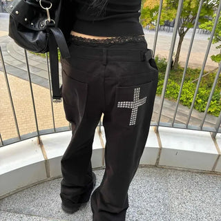 Loose-fit Button Studded Wide Straight Long Pants