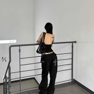 Loose-fit Button Studded Wide Straight Long Pants