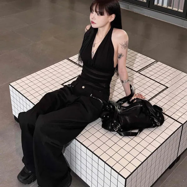 Half See-through Backless Halterneck Top