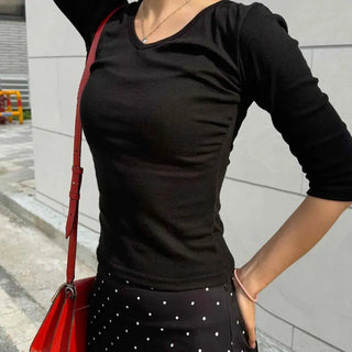 French Sleeve V-Neck 3/4 Sleeve T-Shirt