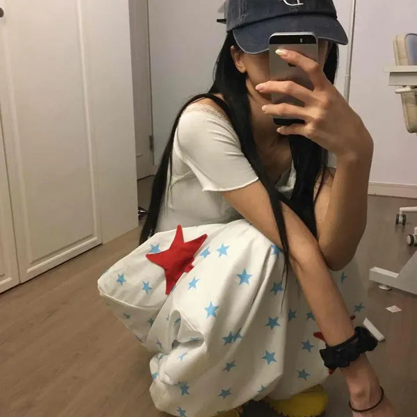 Loose-fit Star Contrast Drawstring Wide Long Pants
