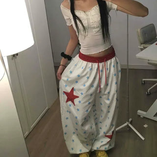 Loose-fit Star Contrast Drawstring Wide Long Pants