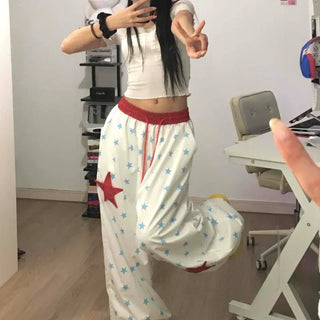 Loose-fit Star Contrast Drawstring Wide Long Pants