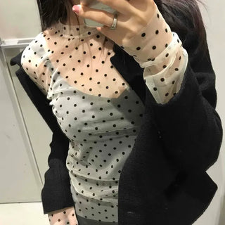 Lovely Polka Dot See-through Mesh Round Neck Inner Long Sleeve Top