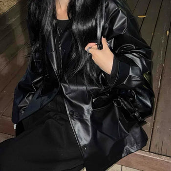Glossy Faux Leather Collarless Boxy Set Jacket