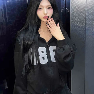 Numbered Embroidered Hoodie Oversized Half Zip-up