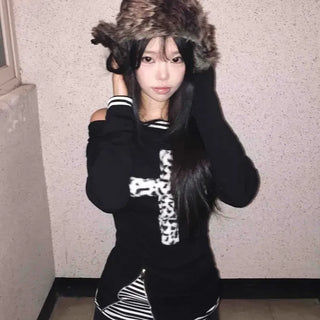 Animal Cross Patch Off-Shoulder Loose Fit Long Sleeve T-shirt