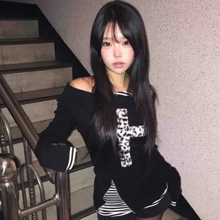 Animal Cross Patch Off-Shoulder Loose Fit Long Sleeve T-shirt