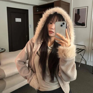 Corduroy Ribbed Fur Zip-up Hoodie