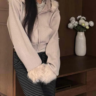 Corduroy Ribbed Fur Zip-up Hoodie