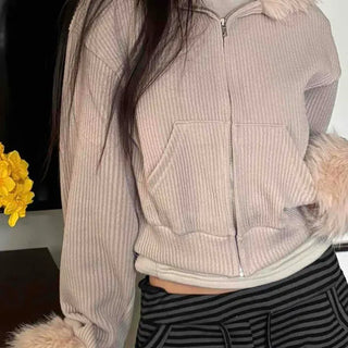 Corduroy Ribbed Fur Zip-up Hoodie