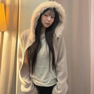 Corduroy Ribbed Fur Zip-up Hoodie