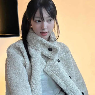 Boucle Lapel Button Loose Fit Half Coat