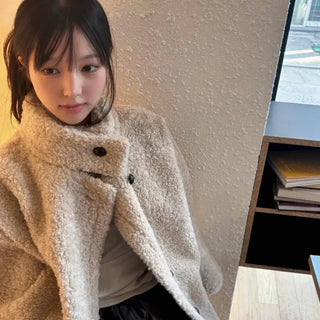 Boucle Lapel Button Loose Fit Half Coat