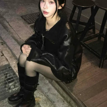 Eco Leather Oversized Turtleneck Shearling Jacket