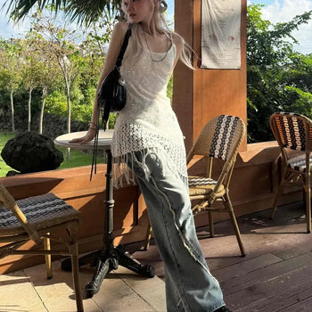 Street chain belt tassel denim long pants