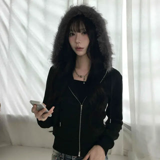 Raccoon Fur Two-Way Fleece-Lined Crop Zip-Up Hoodie