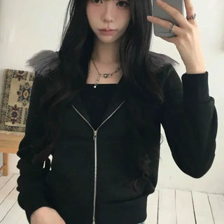 Raccoon Fur Two-Way Fleece-Lined Crop Zip-Up Hoodie