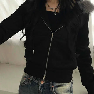 Raccoon Fur Two-Way Fleece-Lined Crop Zip-Up Hoodie