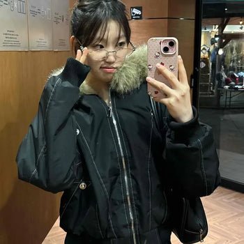 Fur Hooded Zip-Up Elastic Bomber Short Padded Jumper