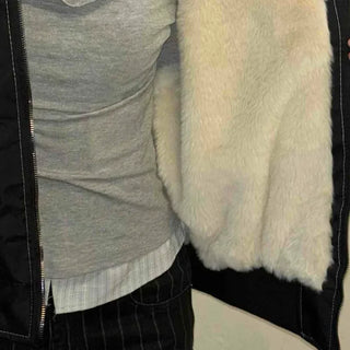 Fur Hooded Zip-Up Elastic Bomber Short Padded Jumper