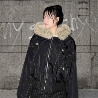 Fur Hooded Zip-Up Elastic Bomber Short Padded Jumper