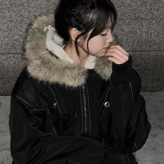 Fur Hooded Zip-Up Elastic Bomber Short Padded Jumper