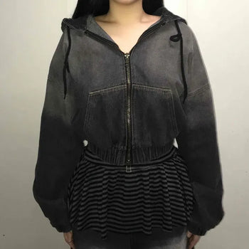 Vintage Washed Gradient Crop Hooded Zip-Up Jacket