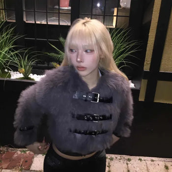 Hairy Fur Buckle Crop Jacket