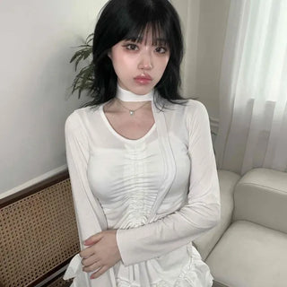Frill Shirred Ruffle Slim Round Long Sleeve Tee
