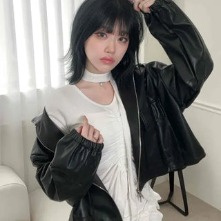 Frill Shirred Ruffle Slim Round Long Sleeve Tee