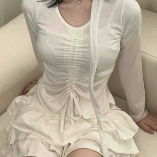Frill Shirred Ruffle Slim Round Long Sleeve Tee