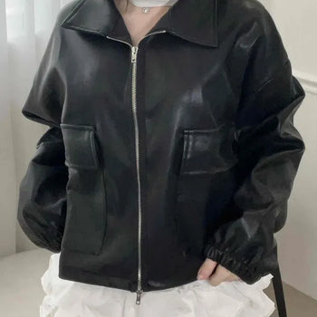 Big Collar Leather Loose Fit Zip-Up Jacket